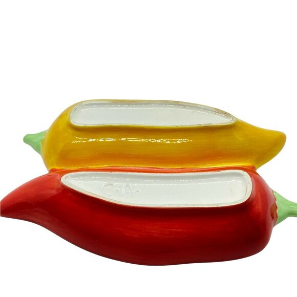 Chili Peppers Chip & Dip Divided Condiment Tray Clay Art Red Yellow Double - Picture 2 of 7